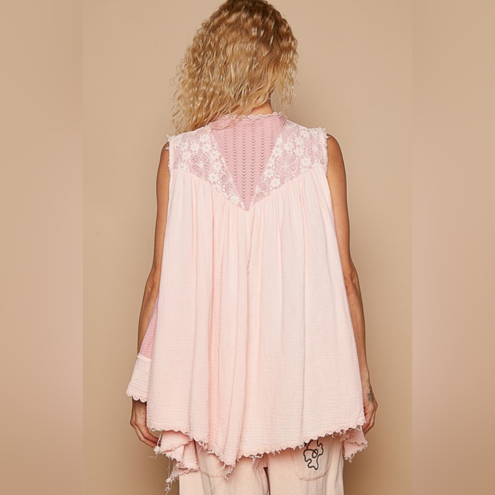 POL Lace Pearl Embroidered Patchwork Boho Vest Gauze Raw Hem Sleeveless Cardigan - Picture 4 of 16